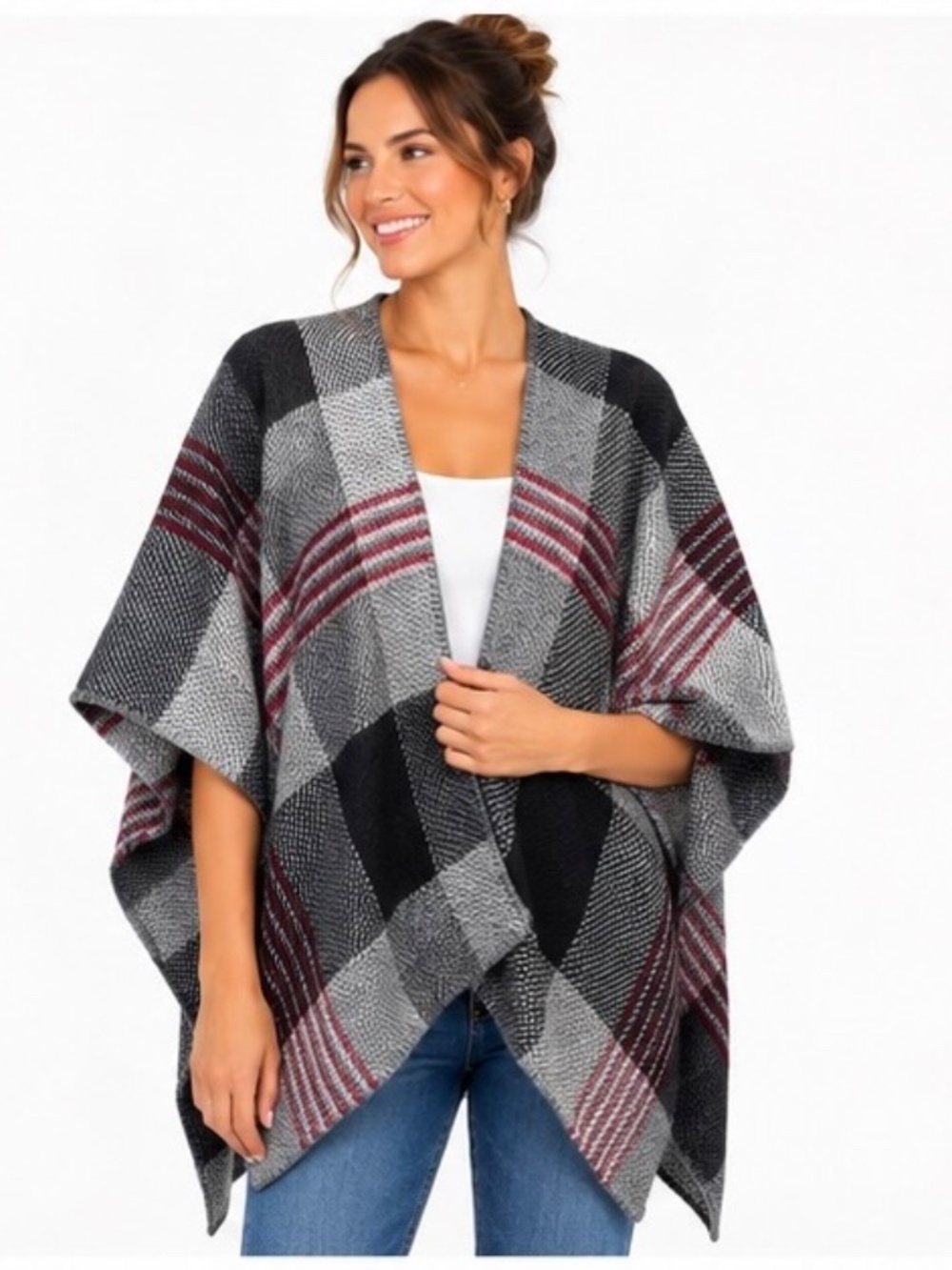 New Directions Plaid Ruana Poncho – One Size
